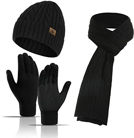 Meajore Mütze Schal Handschuhe Set für Damen & Herren 3 in 1 Winter Beanie Mütze Hals Warmer Schal Touchscreen Handschuhe Strickset