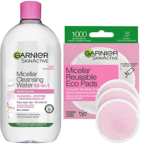 Garnier Mighty Micellar Duo, with Micellar Cleansing Water 700ml for Makeup Removal, x3 Ultra Soft Reusable Make up Remover Eco Pads, For Sensitive Skin, Fragrance Free, Approved By Cruelty Free