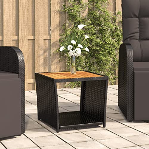 FIRBNUS 45x45x40 cm Garten Beistelltisch mit Holzplatte Couchtisch Balkontisch Terrassentisch Gartentisch Kaffeetisch Esstisch Schwarz Teetisch Wasserbeständiges Poly Rattan und Akazienholz