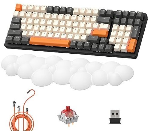 LexonElec K6 Wireless Mechanische Tastatur mit Weiße Cloud-Handgelenkauflage, 100 Tasten, 4000mAh, Wired/2,4 GHz/BT 5.0, RGB-Hintergrundbeleuchtung, Spiralkabel für Gaming -Twilight Red Switch