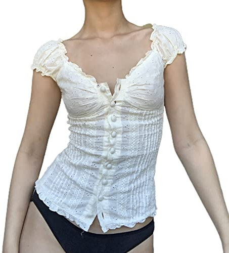Geagodelia Womens Ruffle Y2K Top Puff Short Sleeve Square Neck Blouse T-Shirt Summer Fairy Grunge Aesthetic Vintage 90s Fashion Milkmaid Crop Top (B 01- White, M)