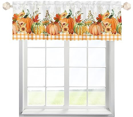 EHJOS Herbst Kürbis Sonnenblume Scheibengardinen Bistrogardine mit Stangendurchzug Kurz Stores Schals Landhausstil Fenstervorhang für Badezimmer Klein Fenster 137x45cm,2 Stück