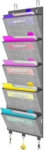 homyfort Weekly Over the Door File Organizer, Hanging File Folders, Wall Organizer and Storage for Mail, Magazine, Notebooks, Office, Classroom, 5 Large Pockets, 5 Weekly Cards, 128.0 cm Tall, Grey