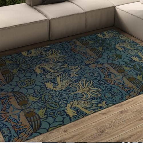 CIHCOHOME William Morris Boho Bereich Teppich Erdbeerdieb Blumen und Vögel Chic Maschinenwaschbarer Bodenteppich für Wohnzimmer Esszimmer Schlafzimmer 140x220cm