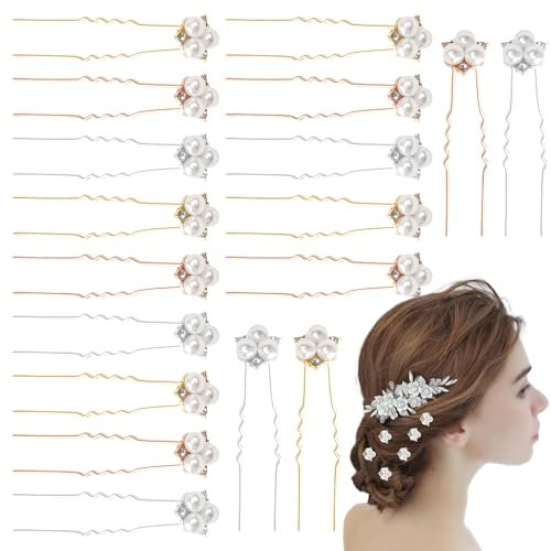 18 Stück Perlenhaarnadeln,U-Förmige Braut Haarschmuck,Perlenblumen Kristall-Strass-Haarnadeln,Perlenblumen-Haarnadeln für die Hochzeit,dekorative Perlenhaarnadeln für Mädchen Frauen Silber,Gold,Rosé