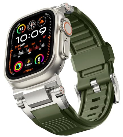 Bandletic R-Steel Correa Compatible con Apple Watch Ultra 2 / Ultra 49mm, Serie 9/8/7 45mm, Serie SE2/6/SE/5/4 44mm, Robusta Pulsera repuesto FKM con Diseño Elegante conector Metálico, Armygreen