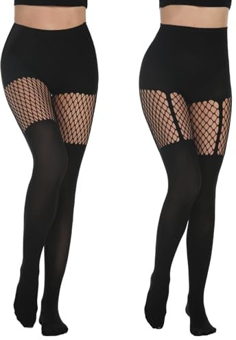 Yilanmy Women's Mock Thigh High Suspender Tights Fishnet Stockings Fishnets Black Opaque Stocking Pantyhose 2 Pairs (Grid+Suspender)