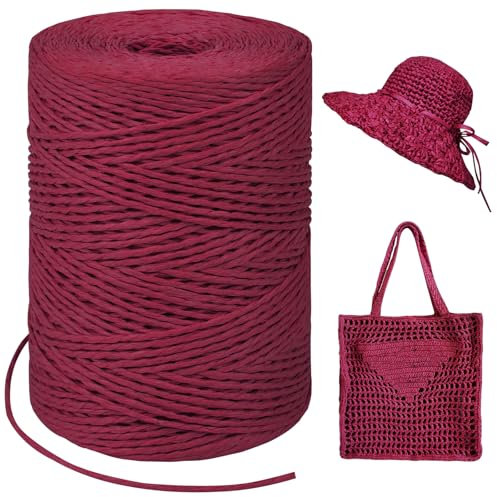LEREATI Raffia Garn zum Häkeln, Bastband Natur 1.5mm x 300m Papiergarn Geschenkbänder, Bändchengarn zum Häkeln, Papierdraht zum Häkeltaschen, Körbe, Hüte, Geschenkverpackung (Rot)