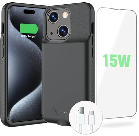 BOPPS Coque de batterie pour iPhone 15/15 Pro, ultra fine 15 W, 7000 mAh, rechargeable, anti-chute, en TPU antidérapant pour iPhone 15/15 Pro, coque de charge 6, noir