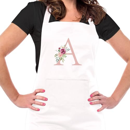 Initialen Schürze Damen Kochschürze Baumwolle Schürze Verstellbare Backschürze Weiß Küchenschürze mit Taschen für Küche, Kochen, Backen, Geschenk für Frauen Mama Oma zum Geburtstag Muttertag(A)