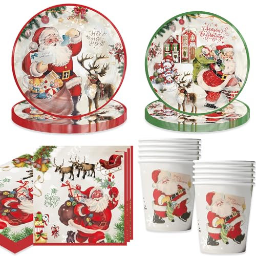 Bikasun Weihnachten Partygeschirr Set, Weihnachts Pappteller Tassen Servietten Weihnachten Party Deko, Weihnachtsmann Elch Schneeflocke, Severs 10 Gäste, Weihnachten Geschirr Set