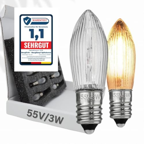 BERGLäMPL 10er Pack E10 Glühbirnen 55V / 3W Ersatzlampen für Schwibbogen und Lichtbögen, 2150K Warmweiß (55V/3W)