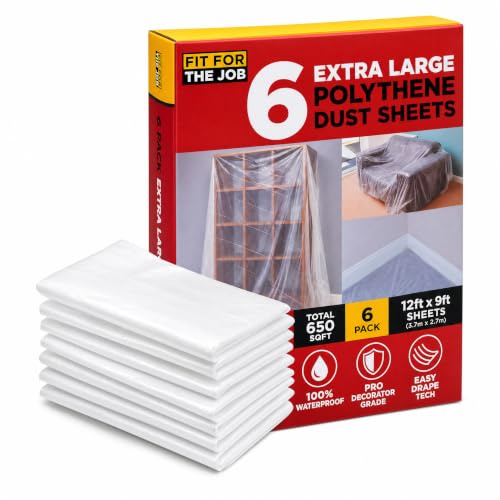 Fit For The Job 6 Pack Polythene Dust Sheets 12ft x 9ft (3.6m x 2.7m) | Total 650 sqft for Decorating Plastic Drop Cloth Dustproof & Waterproof for Protecting Floors & Furniture When Painting