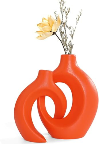 Anquephd Orange Hohle keramikvase 2er-Set, einzigartige runde Moderne Vase für nordische minimalistische Stil Dekoration, Donut Boho ästhetische Vase für Kaffee & Küche Tisch, Pampasgras.(Orange)