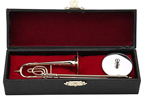 Trombone in miniatura con supporto e, modello di strumento replica squisito trombone placcato in oro per la decorazione della casa delle bambole