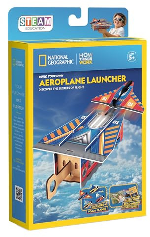 National Geographic Build Your Own Aeroplane Launcher STEAM Educational Kit, Red, Blue, Yellow, Orange