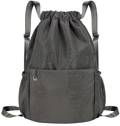 CALACH Rucksack mit Kordelzug, Sport, Yoga, für Damen und Herren, wasserdicht, Nylon, Tagesrucksack mit mehreren Taschen, GRAU, Sport/Freizeit