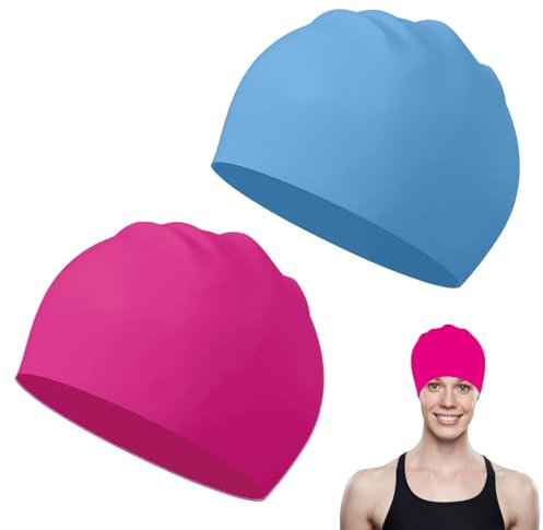 Cuffia Piscina per Adulti con Capelli Lunghi, 2 Pezzi Silicone Cuffia da Piscina Antiscivolo, Cuffia Nuoto Elastica e Comoda Donna Uomo, Blu+Rosa Cuffie da Nuoto in Silicone Per Capelli Lunghi e Corti