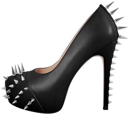 blingqueen Stiletto High Heels Runde Zehen Pumps Plateau Damenschuhe Slip on Punk Stil mit Nieten Glattleder Schwarz 45 EU