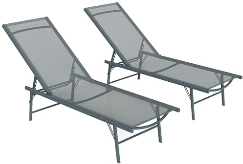 Outsunny Lot de 2 Bain de Soleil, Chaise Longue Pliante en textilène, transat Jardin extérieur inclinable de Plage, Relax, Camping, Piscine, terrasse, 54 x 164 x 84 cm, Gris Clair