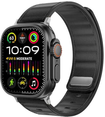 Delidigi Magnet Lederarmband Kompatibel für Apple Watch Ultra 2/Ultra Armband 49mm 46mm 45mm 44mm 42mm, Herren Damen Echtes Leder Magnetisch Ersatzarmbänder für iWatch Ultra 2 Series 10/9/8/7/6/5/3/SE
