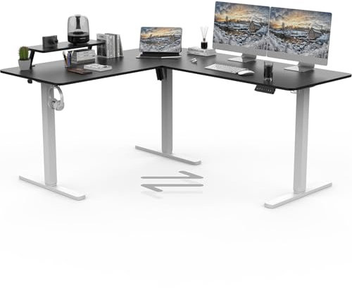 TRIUMPHKEY 160 x 140cm Eckschreibtisch Höhenverstellbar Schreibtisch L Form Höhenverstellbarer Schreibtisch Einzelmotor Regal Memory-Steuerung 3 Beine Schwarz+Weiß