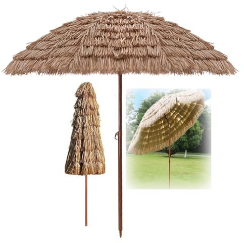 Hawai Tropical Patio Parasol,Outdoor Beach Umbrella,Straw Parasol,With 8 Ribs,Height Adjustable,30° Tilt System,Base Not Included,For Patio,Garden,Pool (160cm)