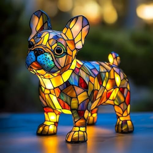 Nachtlicht Katze und Hund,LED Katzenlampe Mosaik,Buntglas-Tierform, Tischlampe aus gebeiztem Harz, Vintage-Stil,Katzen Lampe mit warmem Umgebungslicht Wohndeko für Hundeliebhaber (F)