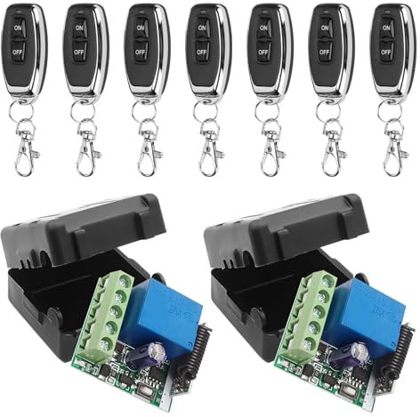Interruptor de control remoto inalámbrico de 433 MHz CC 12 V 1 canal, módulo receptor de relé RF con transmisor, largo alcance para abridor de puerta de garaje (2 receptores + 7 controles remotos)