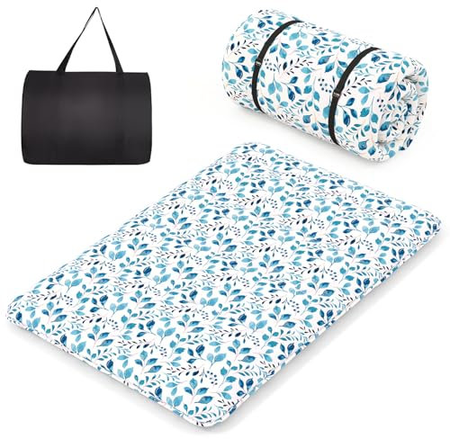 COSTWAY Japanische Futon Matratze, Tatami-Matte, Bodenmatratze, Klappmatratze mit waschbarem Bezug, Faltbare Schlafmatte mit Tragetasche, Beige, 90 x 200 cm (140 x 200 cm,Blaublatt)