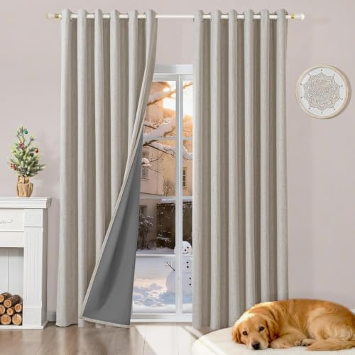 Runyéla 100% Verdunklungsvorhänge Leinen Gardinen mit Ösen, Thermovorhang | 2er Set, H245xB200 Grauweiß, Leinenoptik Vorhang Blickdicht, UV-Schutz Wärmeisolierend Schallschutz Schlafzimmer Wohnzimmer