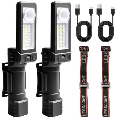 Behogan 2 Stück Arbeitsleuchte Werkstattlampe, Werkstattwagen Lampe USB Aufladbar mit Schwenkfunktion Magnet, Arbeitsleuchte LED Akku Zusammenklappbare für Auto Werkstatt Reparatur Camping Notfall