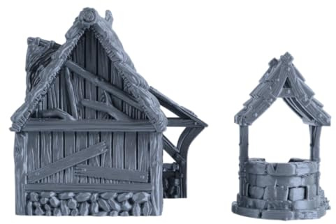 Tims Plum Mittelalterliches Landhaus mit einem Brunnen für Tabletop - 28mm Fantasy Gebäude-Set mit abnehmbarem Dach, 3D-Druck aus PLA, Gelände & Zubehör für Miniaturen, D&D & Warhammer 40k, Grau