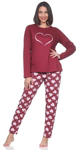Normann Damen Schlafanzug Langarm Pyjama in Herz Tupfen Punkte Optik