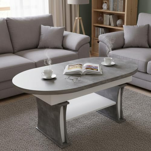 designimpex DA-130 Couchtisch oval Beton/Weiß matt ausziehbar 130 bis 170 cm höhenverstellbar 60-75 cm Ablage modern ovaler Wohnzimmertisch Esstisch Beistelltisch Sofatisch platzsparend Wohnzimmer