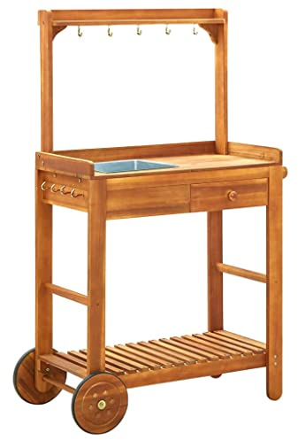 HPUYRFG Solid Acacia Wood Garden Kitchen Trolley with Removable Zinc Tray, Drawer, Shelf and 9 Hooks for Food Preparation and Storage, Sturdy Mobile Serving Cart for Outdoor