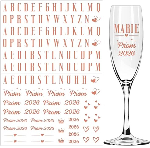 DOORIO 2 Sheets Prom 2026 Stickers, Rose Gold DIY Name Transfer Stickers for Champagne Flutes Initials & Prom 2026 Stickers for Glassss Decoration Prom Party Supplies