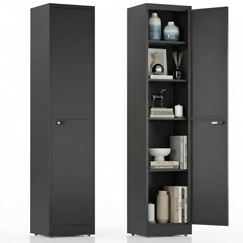 Spind Schrank, Mehrzweckschrank, Stahlschrank 40 cm breit, Aktenschrank Abschließbar mit 1 Tür & 4 Einlegeböden, Büroschrank für Ecke, Badezimmer, Küche, 180x40x35cm Schwarz