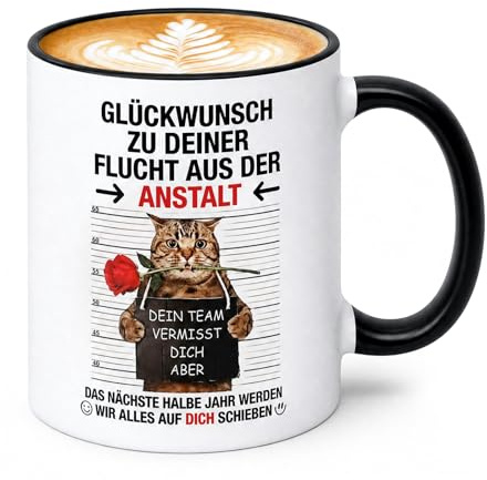 Lustiges Abschiedsgeschenk Kollegen, Jobwechsel Kaffeetasse mit Spruch | Glückwunsch zu deiner Flucht aus der Anstalt, Abschiedstasse für Kollegin Kollegen, Ruhestand Geschenk, Keramiktasse 330 ml
