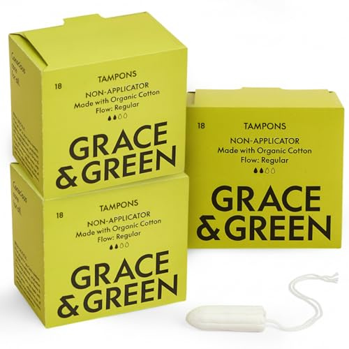 Grace & Green Eco-Friendly Non-Applicator Tampons, Regular, 54 Pack | 3 x 18, No Dye, Bleach or Fragrance, 100% Organic Cotton, 8 Grooves, High-Absorbency, Individually Wrapped, Eco-Friendly