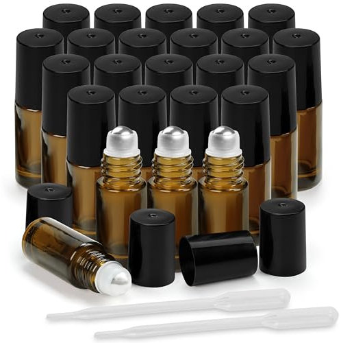 BELLE VOUS Roll On Glasflaschen für Ätherisches Öl (24er Set) - 3 ml Braunglas Öl Fläschchen - Glasflaschen zum Befüllen mit Edelstahl-Kugeln und Tropfer für Ätherische Öle, Parfüm & Aromatherapie