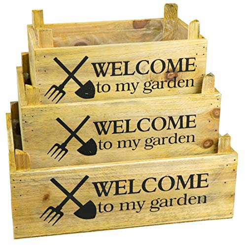 HRB 3er Set Blumenkästen Pflanzen eckig Vintage, Töpfe Set mit Innenfolie ideal als Kräutergarten, Holzkisten für die Anzucht von Blumen, Blumentopf mit hübscher Aufschrift