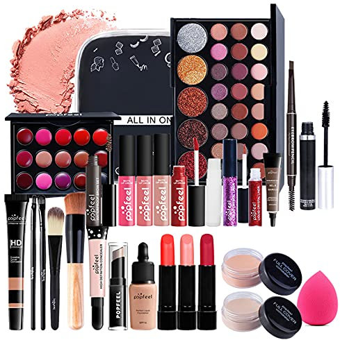 Vielseitiges Make-up-Set, Holzsammlung Alles in Einem Frauen Cosmetics Schminkkoffer Reisekosmetik-Set Geburtstag Weihnachten Geschenkset mit Schminkpalette Eyeshadow Paletten Lippenstift