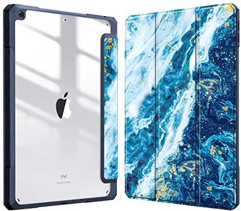 Fintie Hybrid Hülle für 10.2 Zoll iPad 9./8./7. Generation 2021/2020/2019 | Schutzhülle mit Stifthalter, Stoßfeste transparenter Hartschale auf der Rückseite, Auto Schlaf/Wach Funktion, Meeresblau