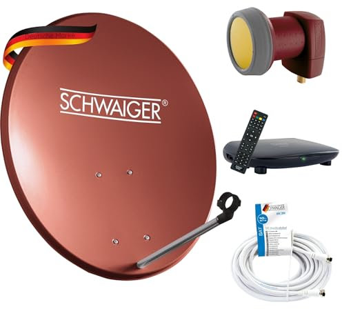 SCHWAIGER 9772 SAT-Anlage Satelliten-Set Satellitenschüssel Single-LNB HD Receiver Koaxialkabel 10m digital SAT-Antenne aus Aluminium Ziegelrot 55 x 62cm