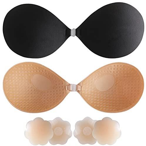 Klebe BH Rückenfrei,Trägerloser BH 2 Stück,mit 2 Paar Silikon Nippelpads,Klebe BH Push Up,Selbstklebender BH & Nippel Cover,Wiederverwendbare Unsichtbarer BH,Hochzeits Rückenfreies Kleid BH (C)