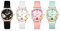 JewelryWe 8pcs Damenuhr Armband Schmuck Set Damen Kinder Analog Quarz Uhr mit Blume Erdbeere und Herz Leder Armbanduhr verstellbar Perlen Kugel Armreif für Frauen Mädchen