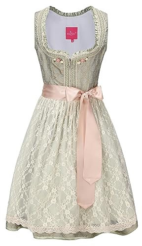 ELFIN Damen Midi Dirndl Elegante Trachtenkleid für Oktoberfest inkl. Spitzen Dirndlschürze, Hellgrün, 38