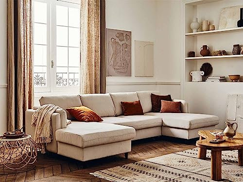 Lisa Design Brooke – Wohnlandschaft U-Form – 7-Sitzer – mit Schlaffunktion und Bettkasten – aus Samt Beige