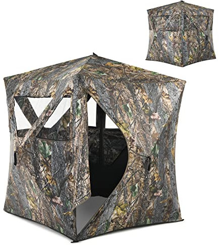 COSTWAY Jagdzelt für 3 Personen, tragbares Pop-up-Zelt mit Erdspießen und Zurrgurten, inklusive Tragetasche, Jagdausrüstung für die Hirsch-, Wildschwein- und Fuchsjagd, Camouflage